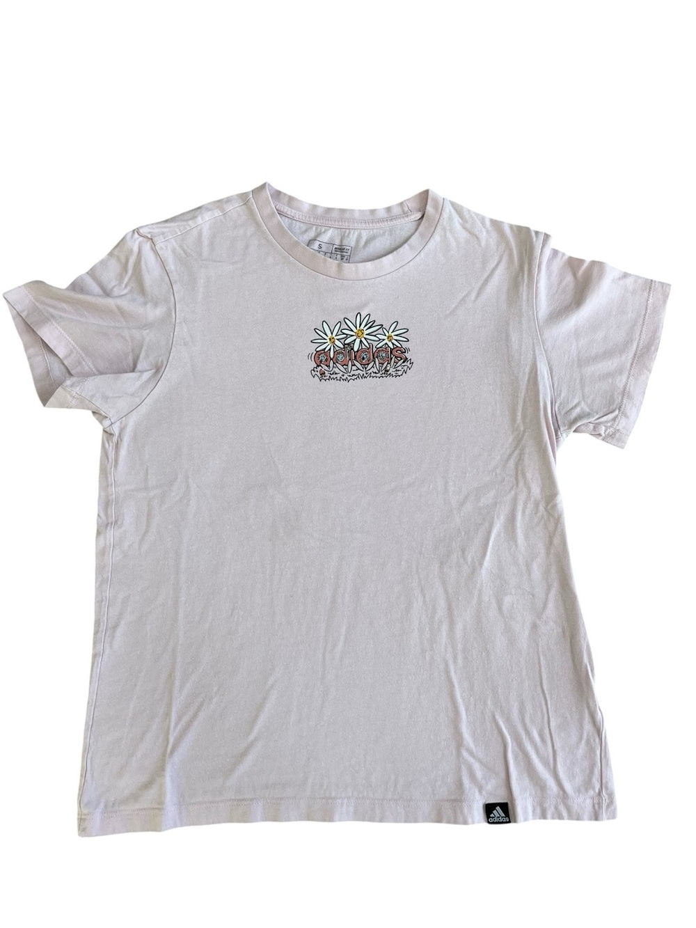 Adidas Women’s Light Pink Tee with Daisy Chest Graphic, Size S